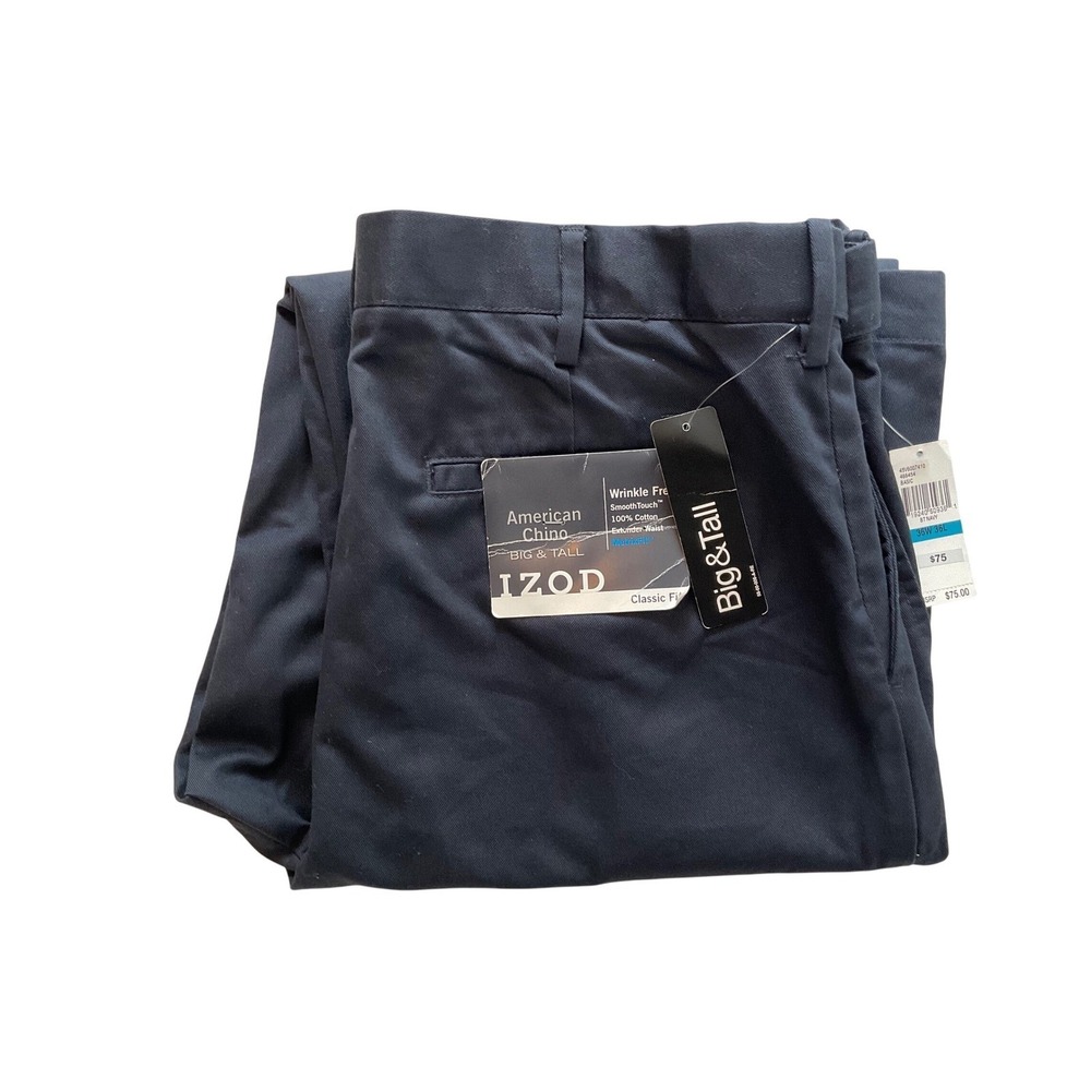 IZOD Mens American Chino Navy Blue Pleated Pants Wrinkle Free 36W 36L Big & Tall